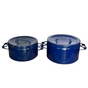 Vintage Finel Arabia Finland Blue Enamel Pots Lids Seppo Mallat MCM Set 2